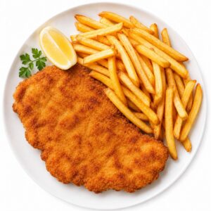 Wienner schnitzel with fries and vegetables