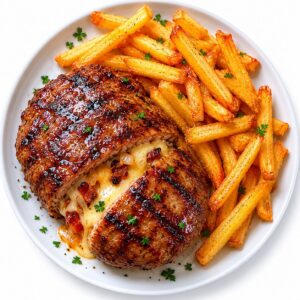 Stuffed hamburger steak with baked potato,vegatables