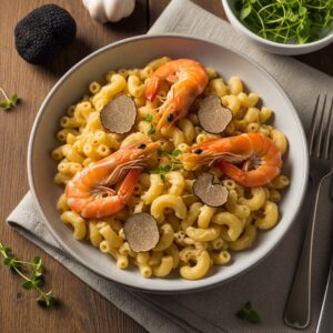 Homemade macaroni with prawns and truffles