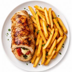 Stuffed chicken hanger with french fries